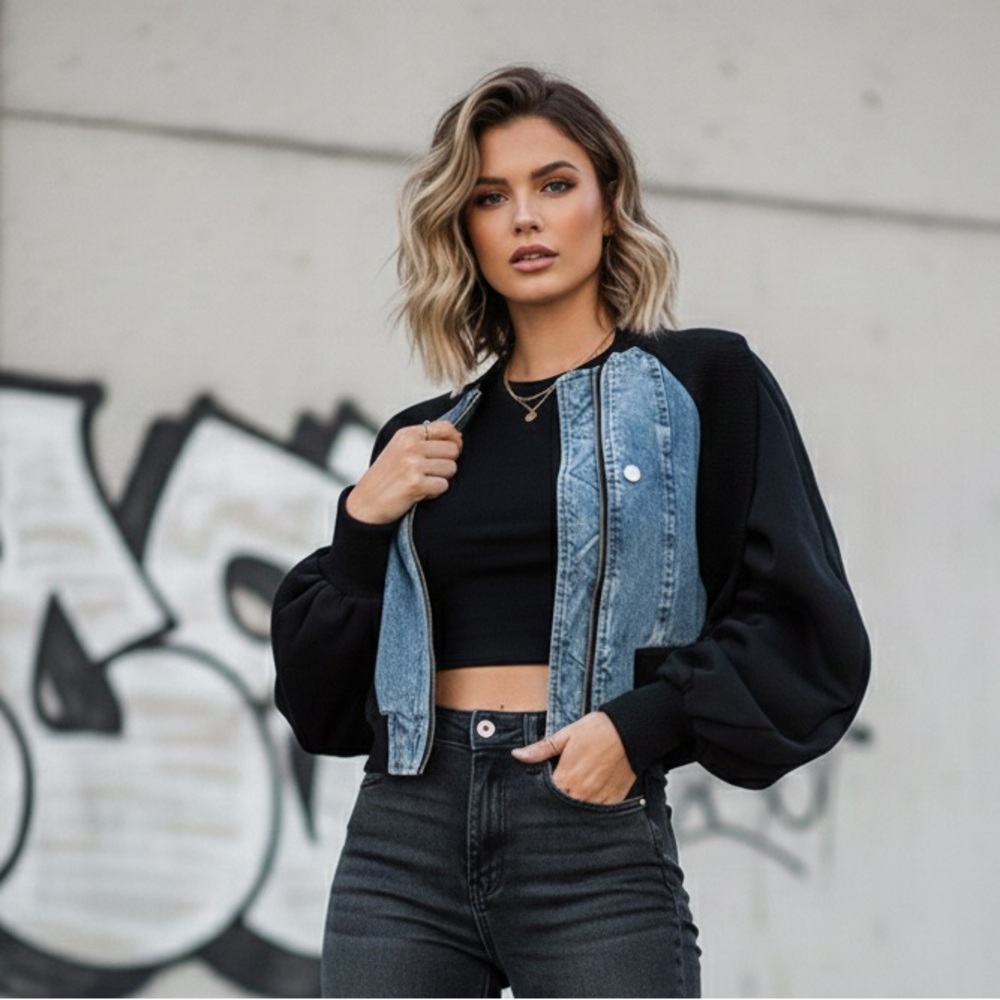 Micas Patchwork Zipper Denim Outerwear Jacket - image 1